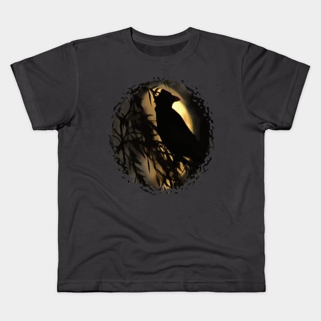 Eerie Raven Silhouette Against A Glowing Moo Kids T-Shirt by taiche